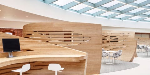 Slatted wooden 'wraps' in the Event Space, creating three separate sitting areas