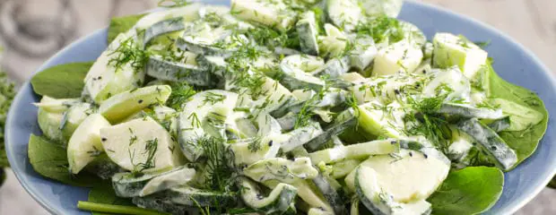 Close up for an apple, cucumber, and spinach salad