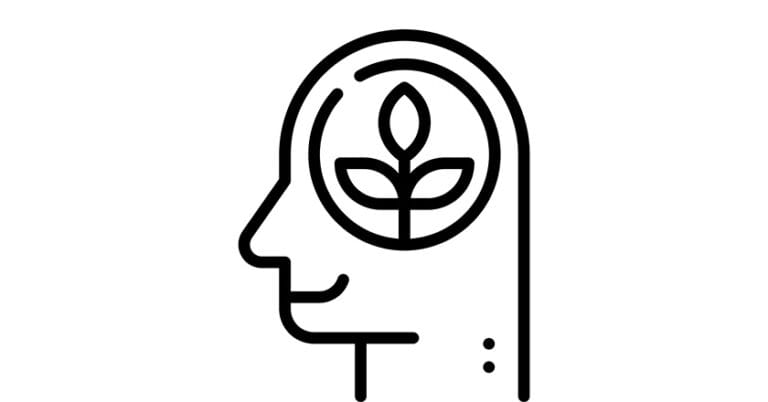 'think green' outline icon. Black lines depicting a head, smiling, with a plant in a circle as a brain.