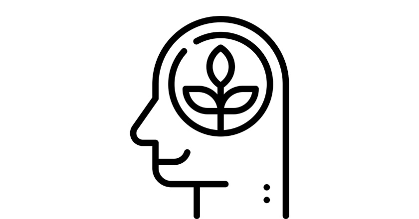 'think green' outline icon. Black lines depicting a head, smiling, with a plant in a circle as a brain.